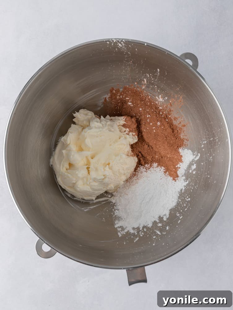 whipped cream, sugar icing, and cocoa powder in a bowl
