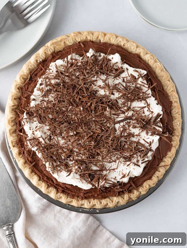 top down view of chocolate french silk pie