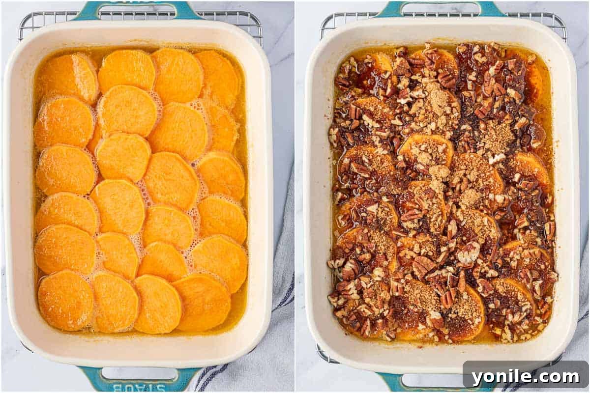 The sweet potato casserole after the initial bake, with the pecan topping ready to be added