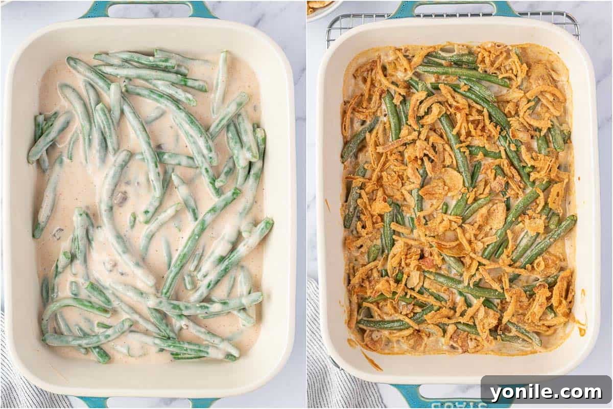 cheesy green beans in baking dish before and after topping with crunchy onions