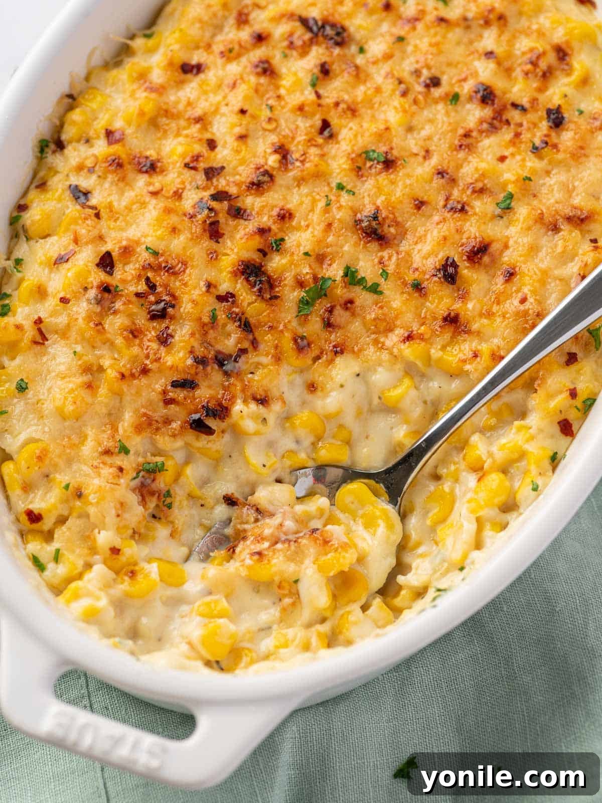 creamed corn casserole with a spoon scooping out some corn, ready to be served