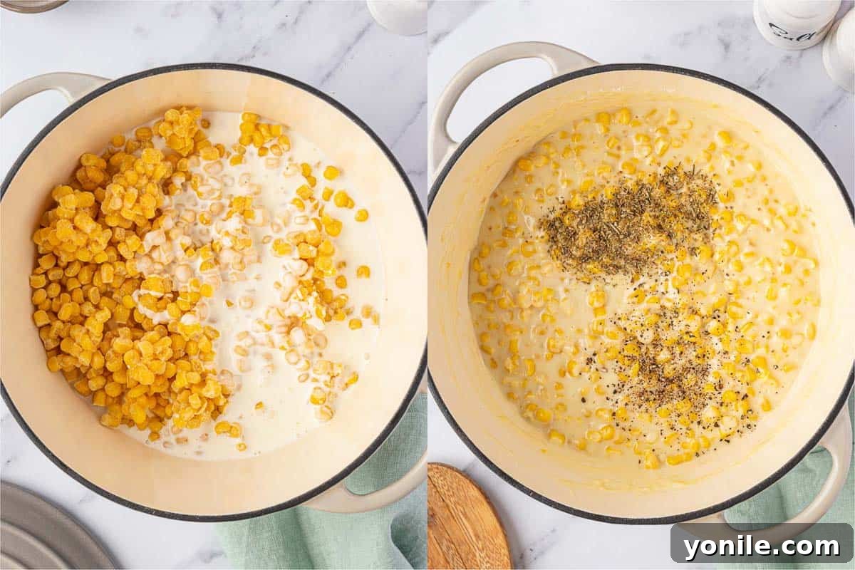 creamed corn being cooked in a pot, a thick and creamy mixture