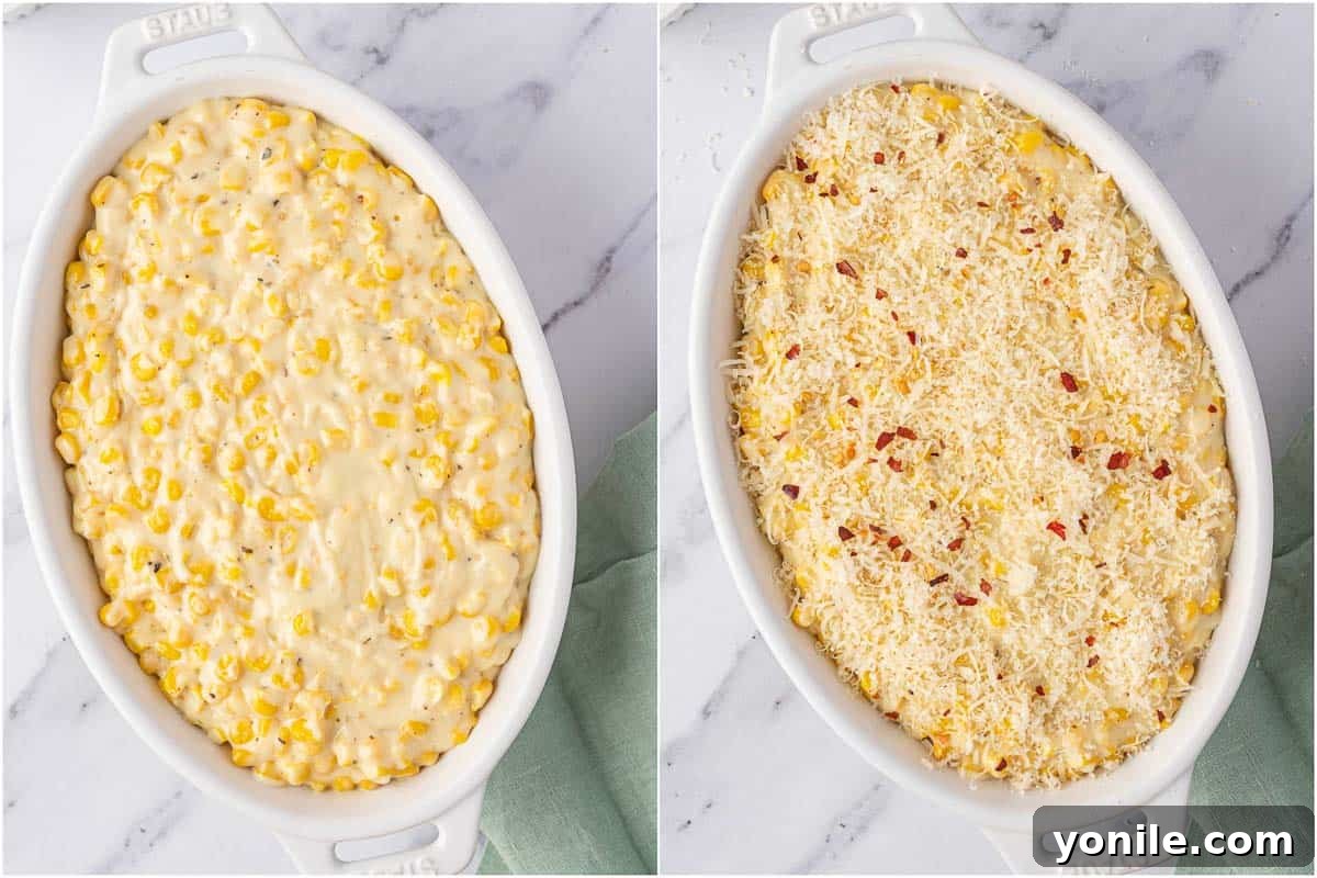 creamed corn casserole before and after cheese topping, ready for the oven