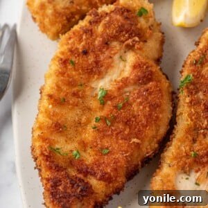 Close up of a crispy parmesan crusted chicken breast.