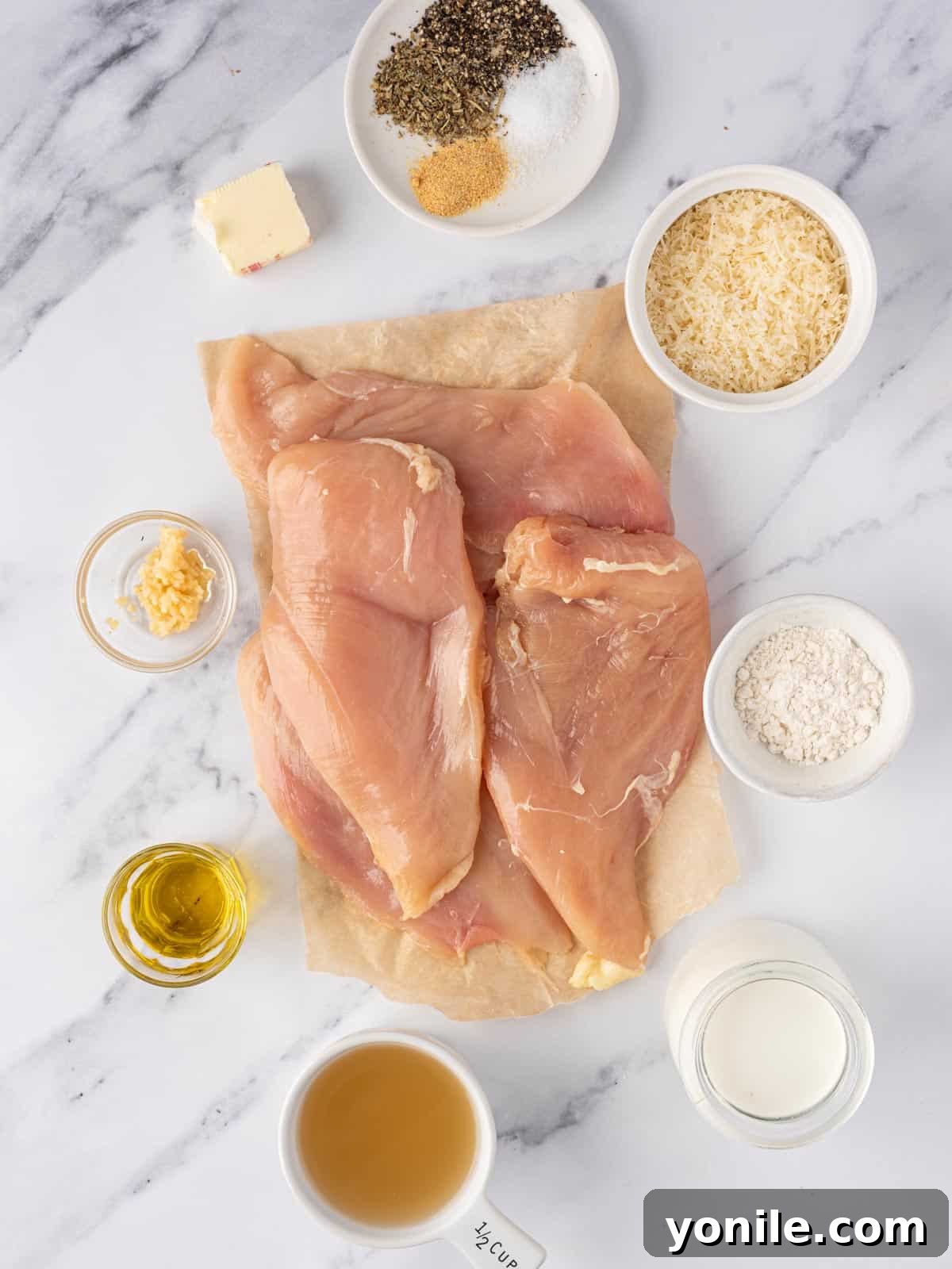 A flat lay photograph showcasing all the fresh and simple ingredients needed to create a mouthwatering creamy garlic parmesan chicken dish.