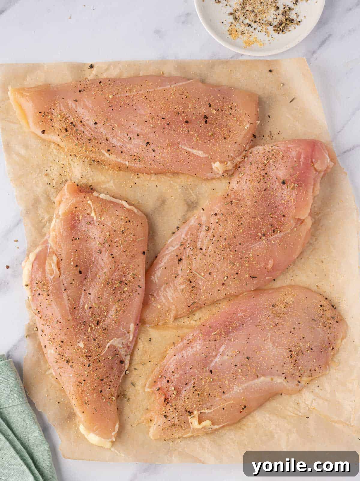 Raw chicken breasts seasoned generously with garlic powder, Italian seasoning, salt, and pepper, ready for searing in a skillet.