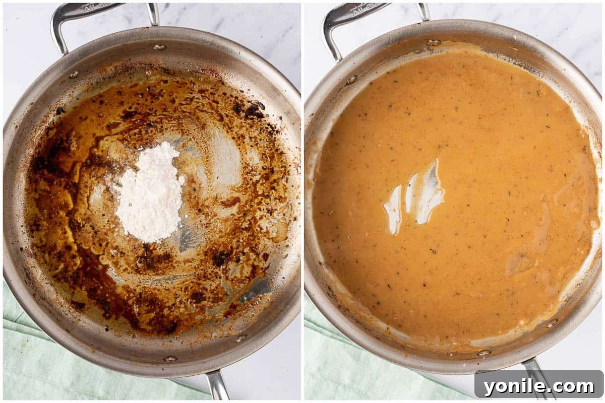 A visual guide showing butter melting in a hot skillet, followed by the addition of minced garlic and a sprinkle of flour to begin building the creamy sauce.