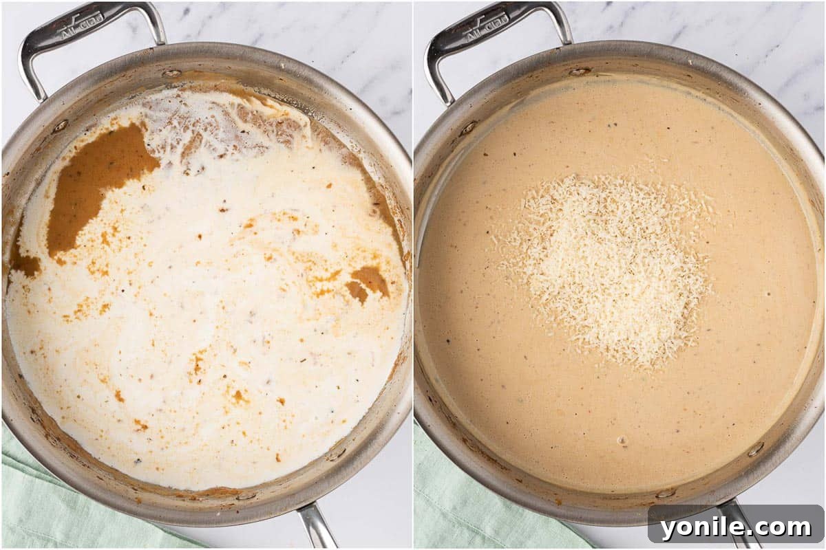 Two sequential photos illustrating the sauce-making process: first, heavy whipping cream is stirred into the simmering broth, then grated Parmesan cheese is added and melted to create a smooth, rich sauce.