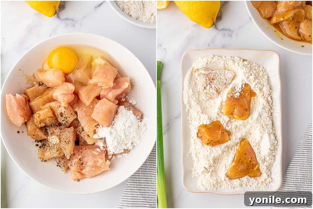 Zesty Lemon Chicken 4 Marinade and dredging plate for frying chicken.