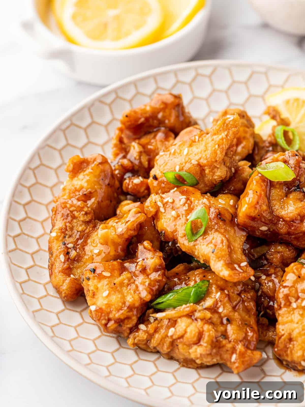 Zesty Lemon Chicken 10 Chicken in lemon sauce topped with sesame seeds and sliced green onions on a white plate.
