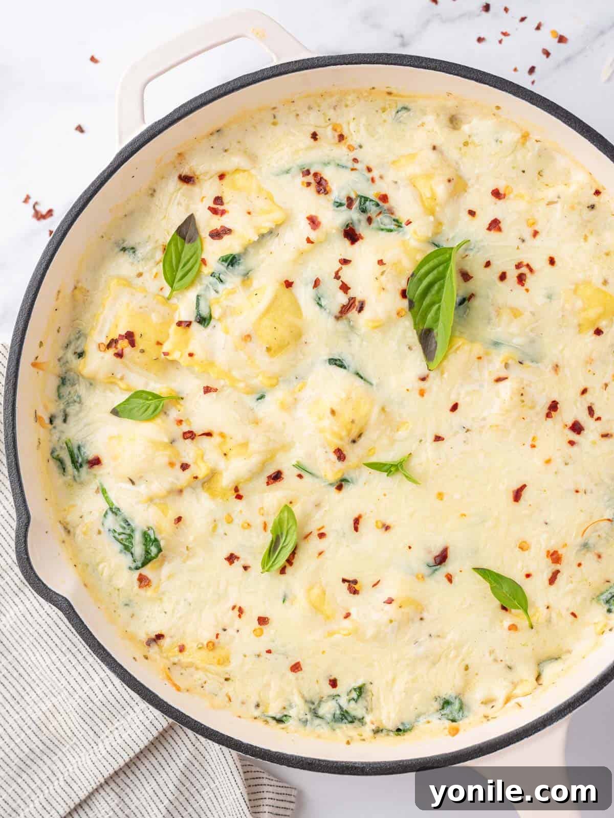 Luscious Spinach and Cheese Ravioli 8 Creamy cheese and spinach ravioli served hot in a skillet.