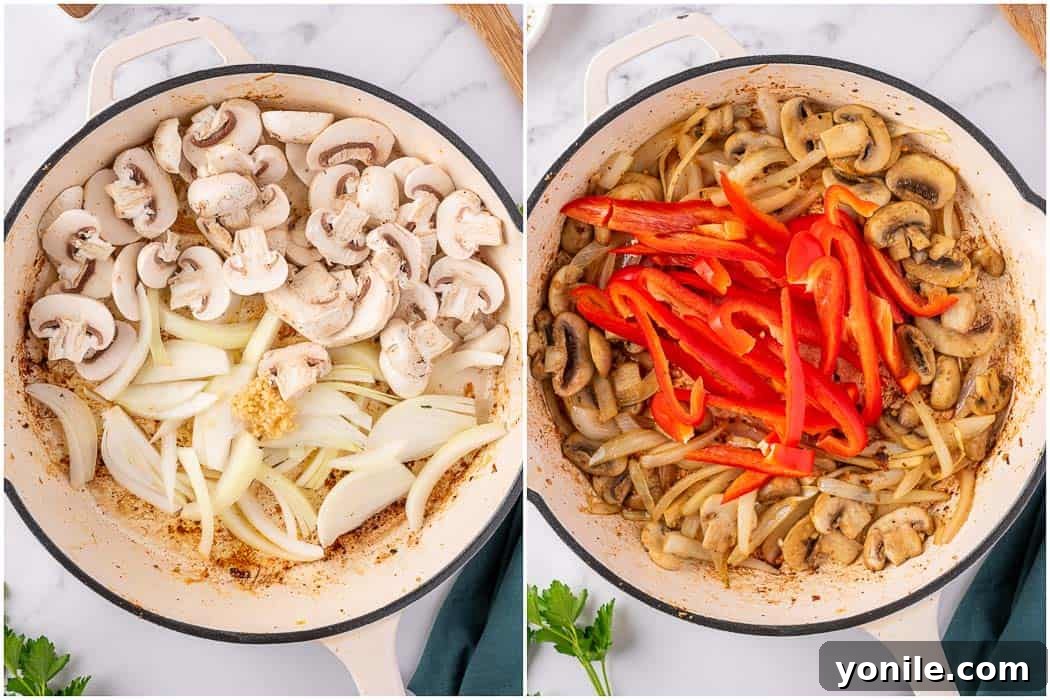 Classic Italian Hunter's Chicken 6 Onions, mushrooms, and red bell peppers sautéing in a skillet, building the flavorful foundation for the easy chicken cacciatore.