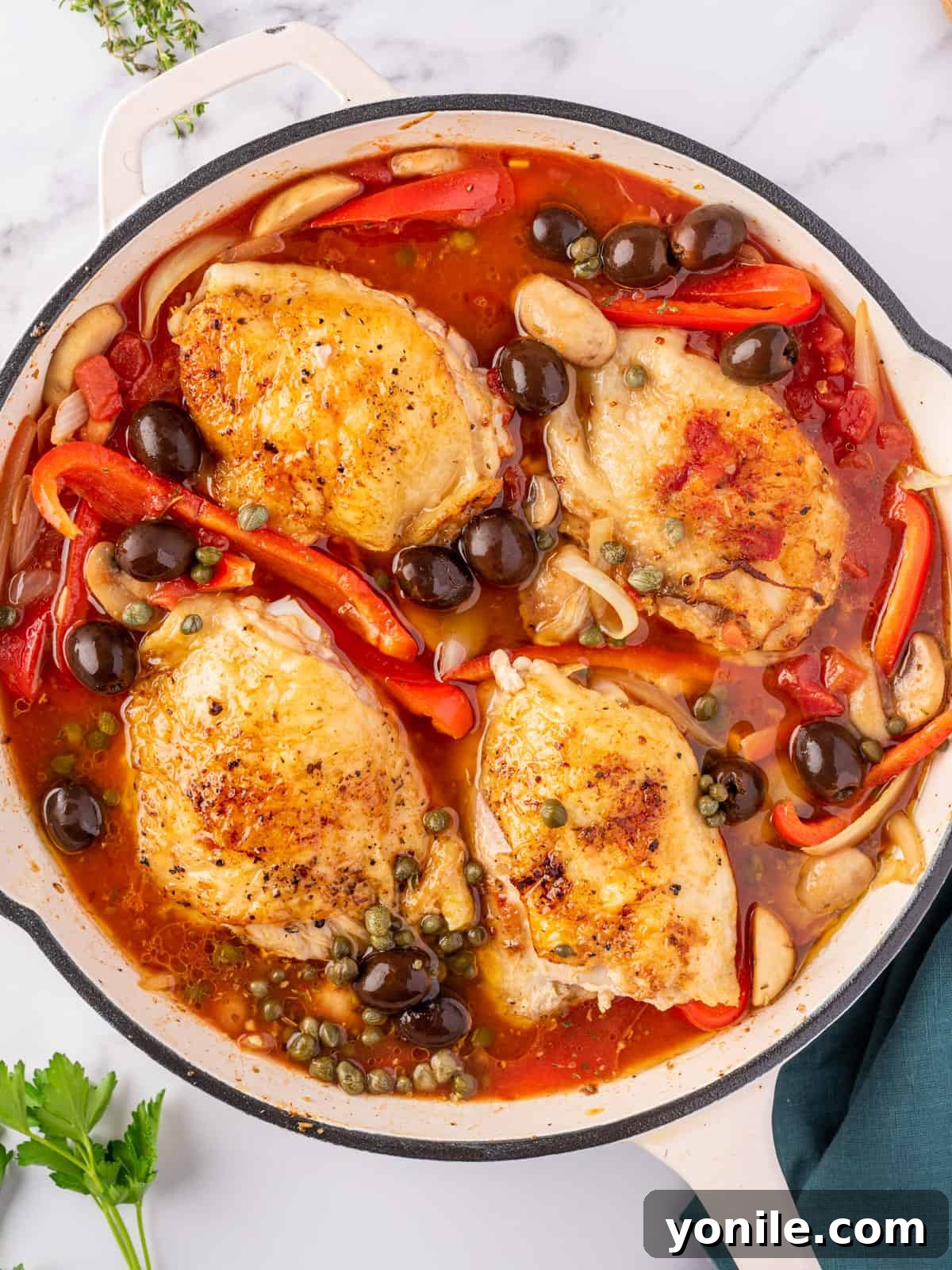 Classic Italian Hunter's Chicken 8 The finished chicken cacciatore, bubbling gently in the skillet, ready to be served.