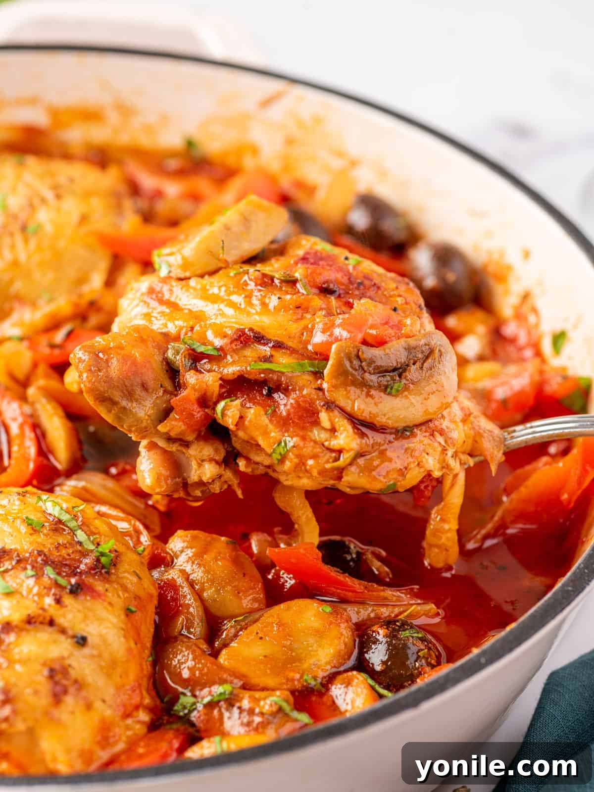Classic Italian Hunter's Chicken 9 A close-up shot of a tender chicken thigh being lifted from a skillet of chicken cacciatore, showcasing its rustic appeal.