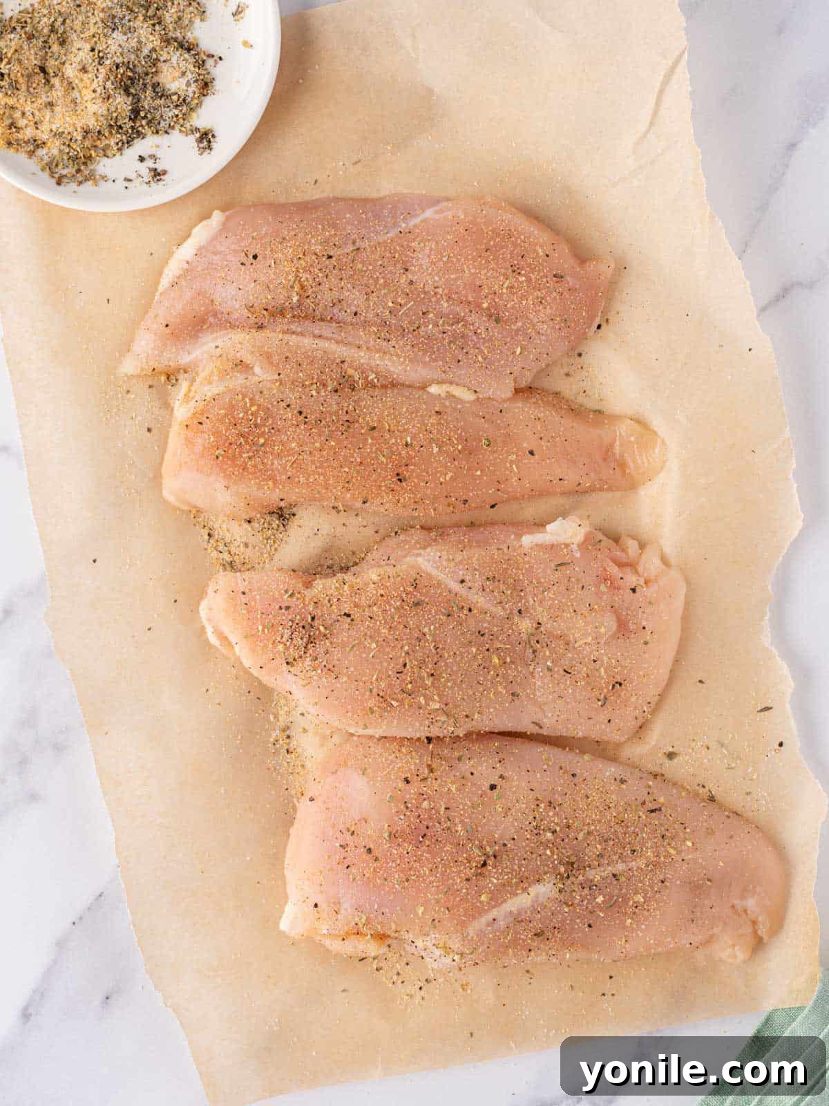 Close-up of boneless, skinless chicken breasts seasoned with garlic powder, Italian seasoning, salt, and pepper.