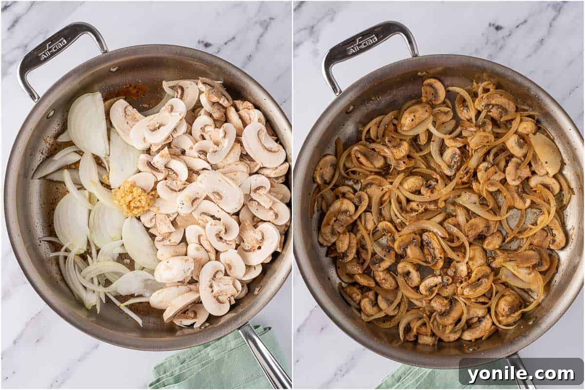 Sliced mushrooms, yellow onion, and minced garlic sautéing in a skillet with melted butter.