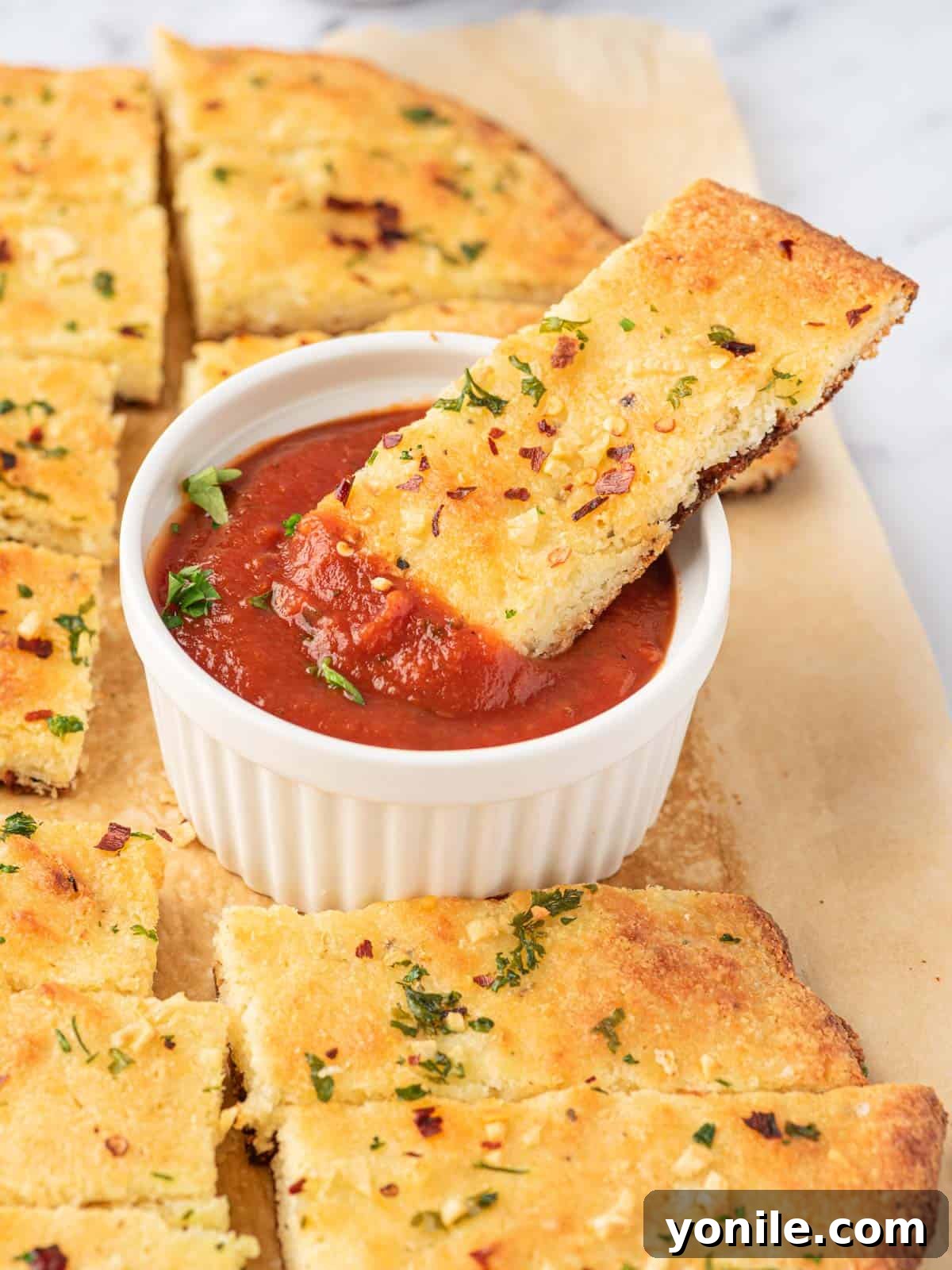 A piece of low carb garlic bread dipped into a bowl of marinara sauce.