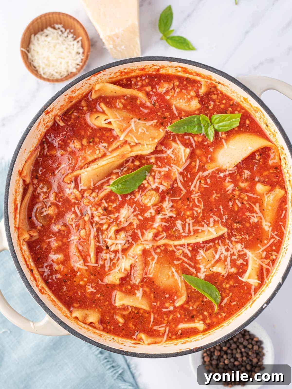A top view of one pot lasagna soup with a few leaves of green basil and a small bowl of parmesan cheese to the side. Rich tomato broth, ground chicken, and lasagna noodles are visible.