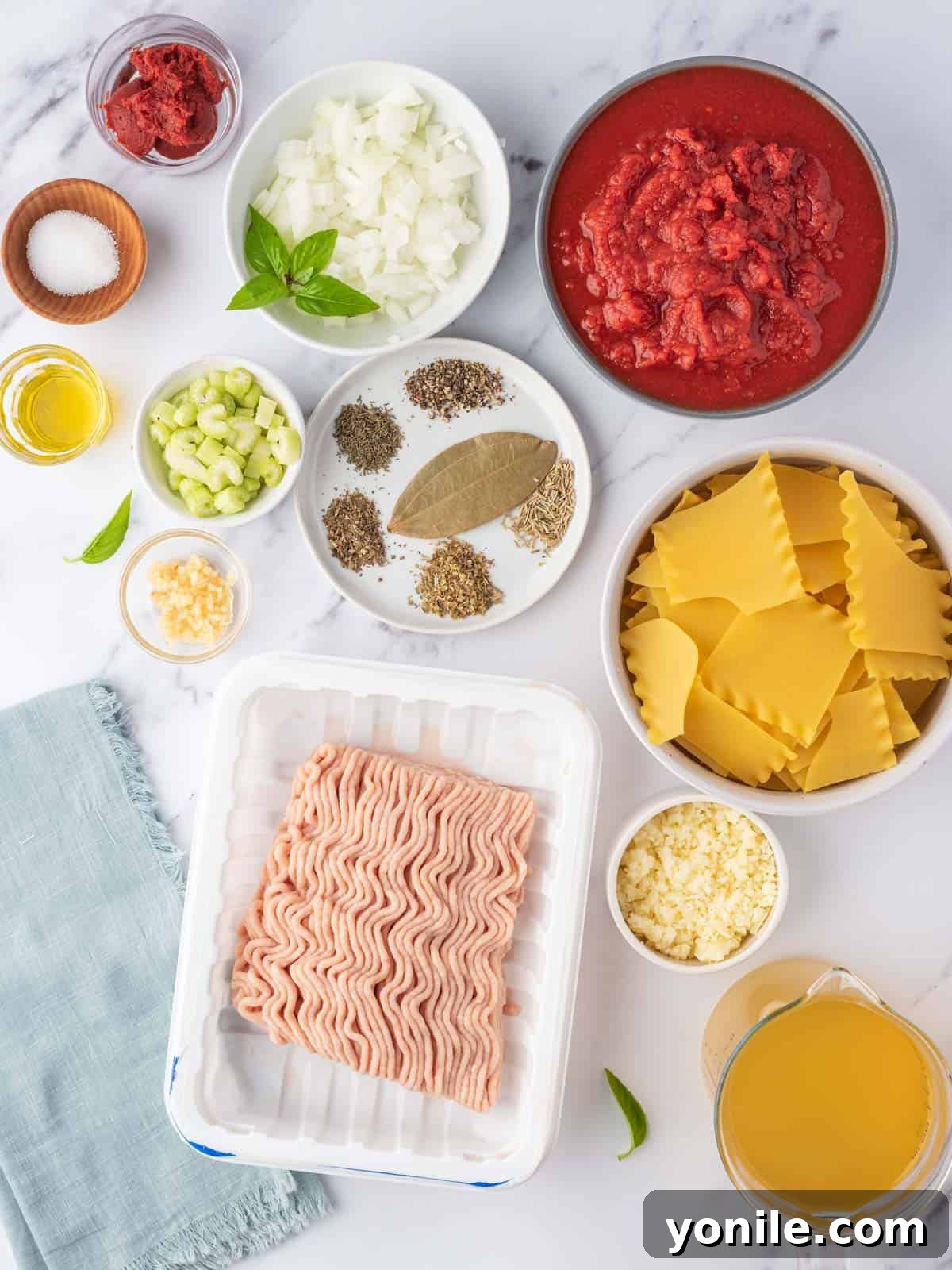 Ingredients needed for Easy Lasagna Soup Recipe laid out on a table.