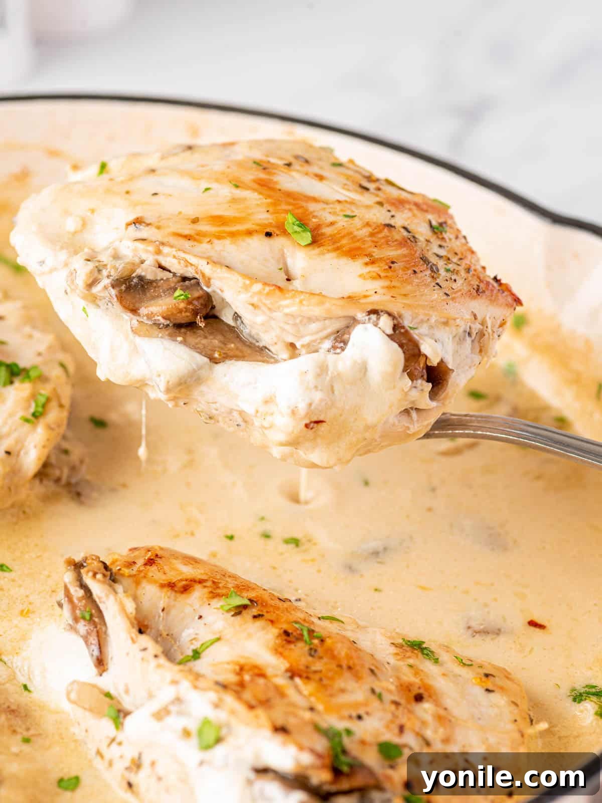 Close up of chicken breast stuffed with mushrooms on a serving spoon with creamy sauce dripping.