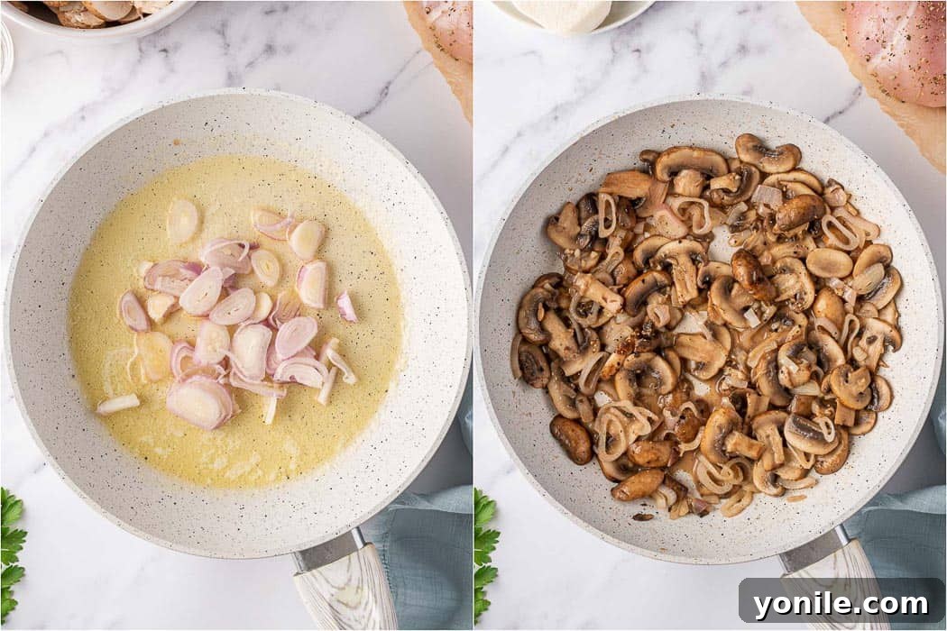 Cooking the aromatics and sautéing the mushrooms in a skillet.