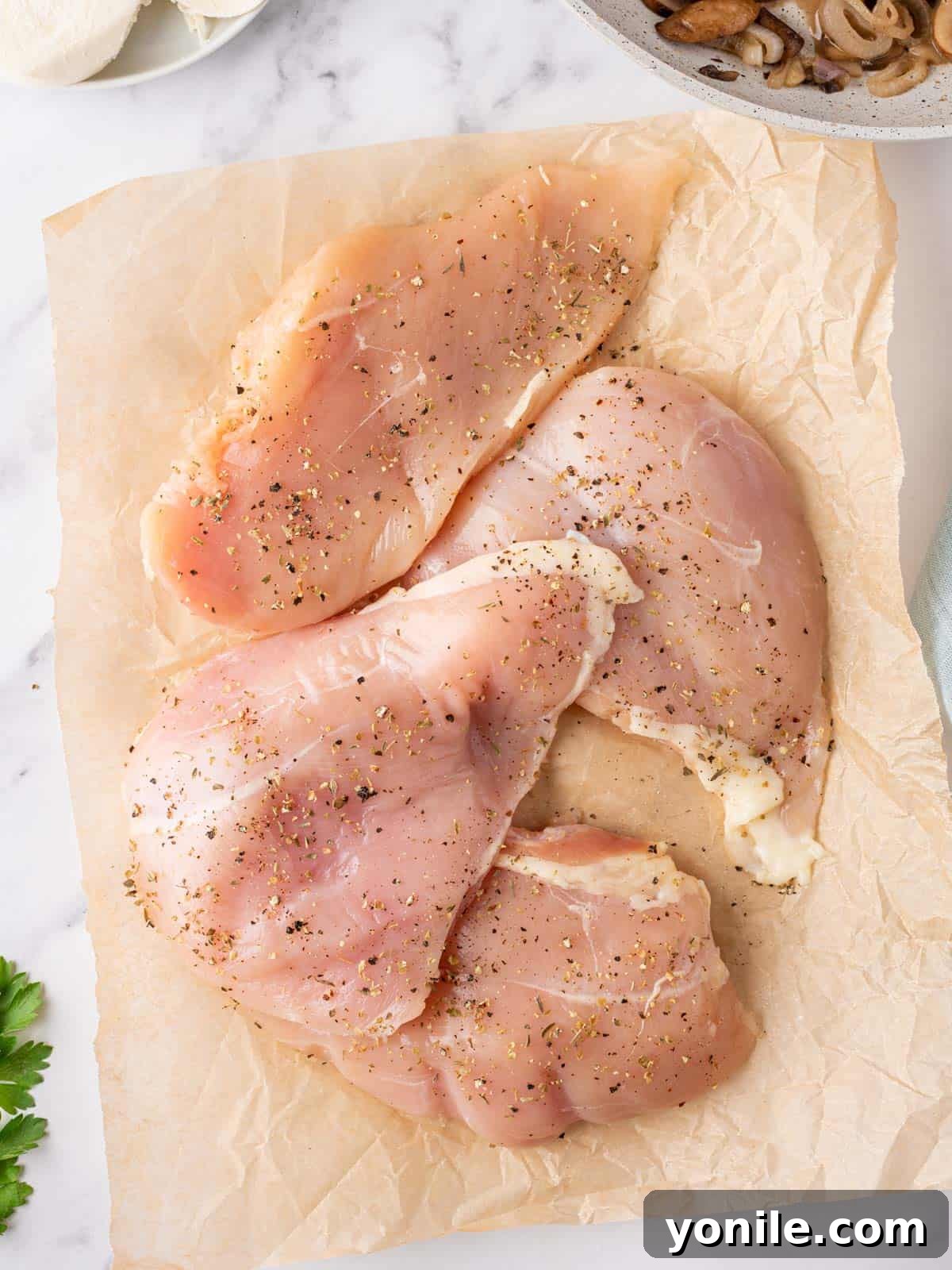 Seasoned chicken breasts on a sheet of parchment paper.