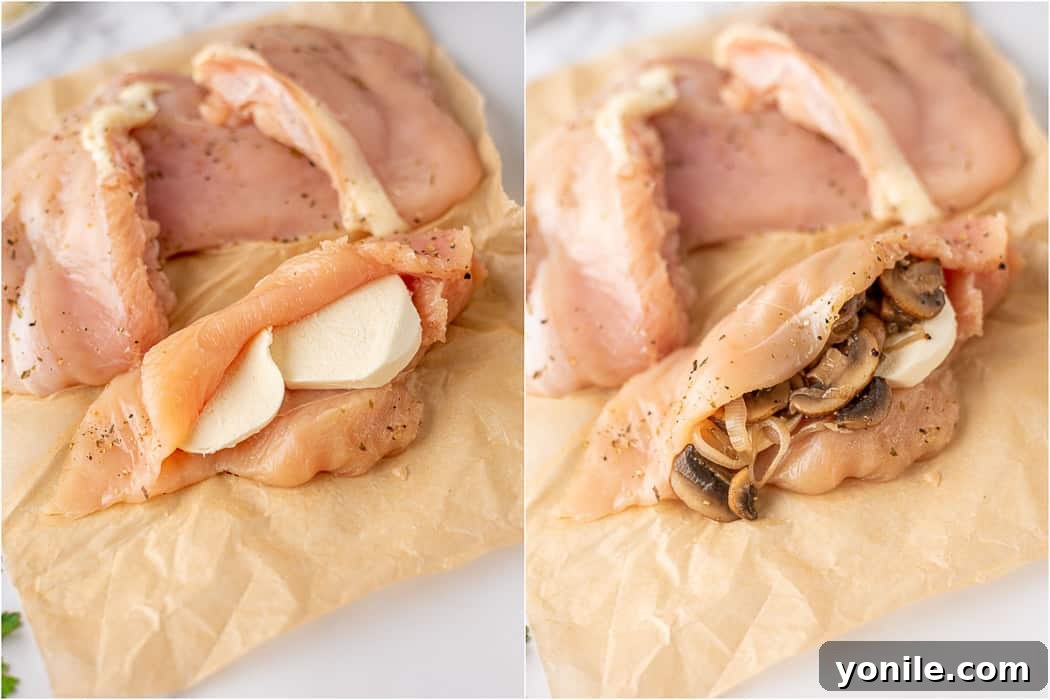 How to stuff chicken breast with mushrooms and cheese.