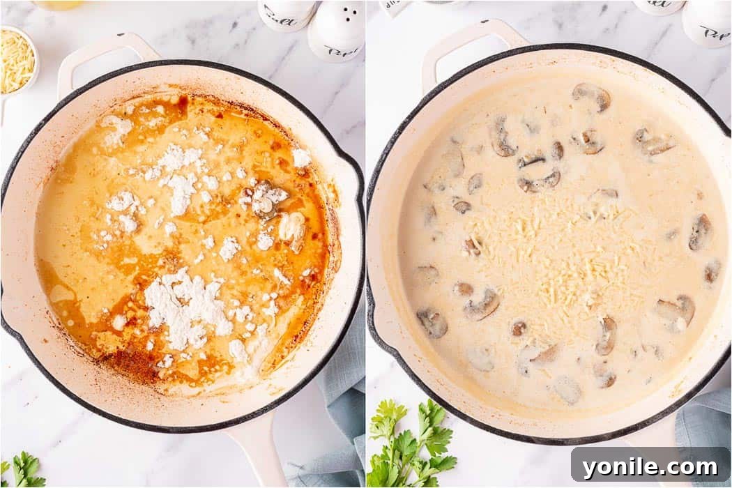 Perparing the creamy sauce for stuffed chicken breast with mushrooms.