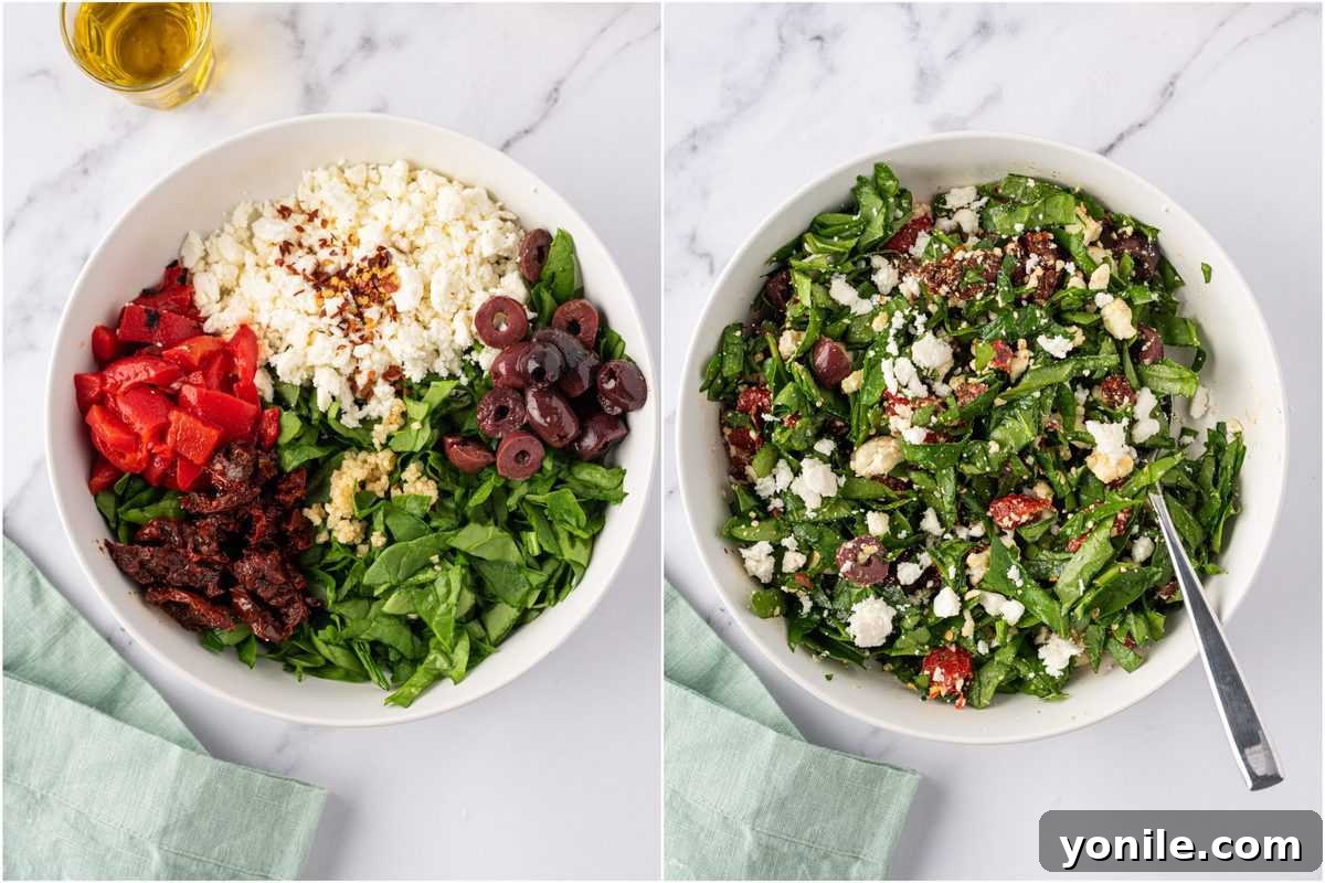 A close-up of the vibrant Mediterranean stuffed chicken filling in a bowl, featuring spinach, feta, and sun-dried tomatoes.