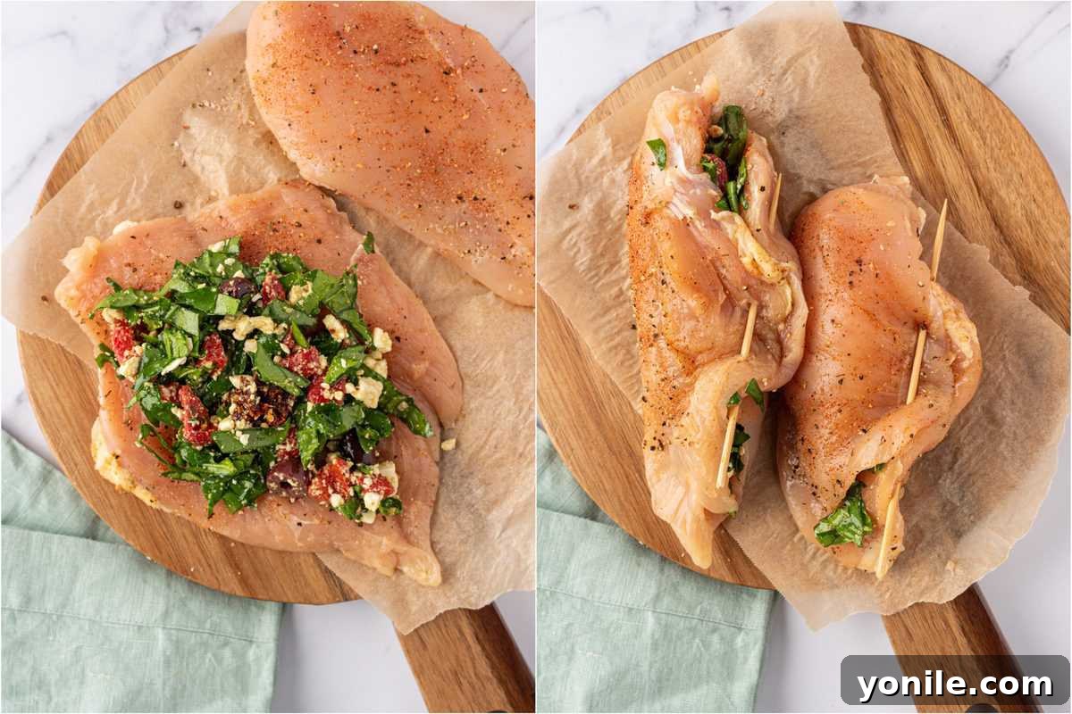 A stuffed chicken breast, sealed with a toothpick, ready to be seared and cooked.