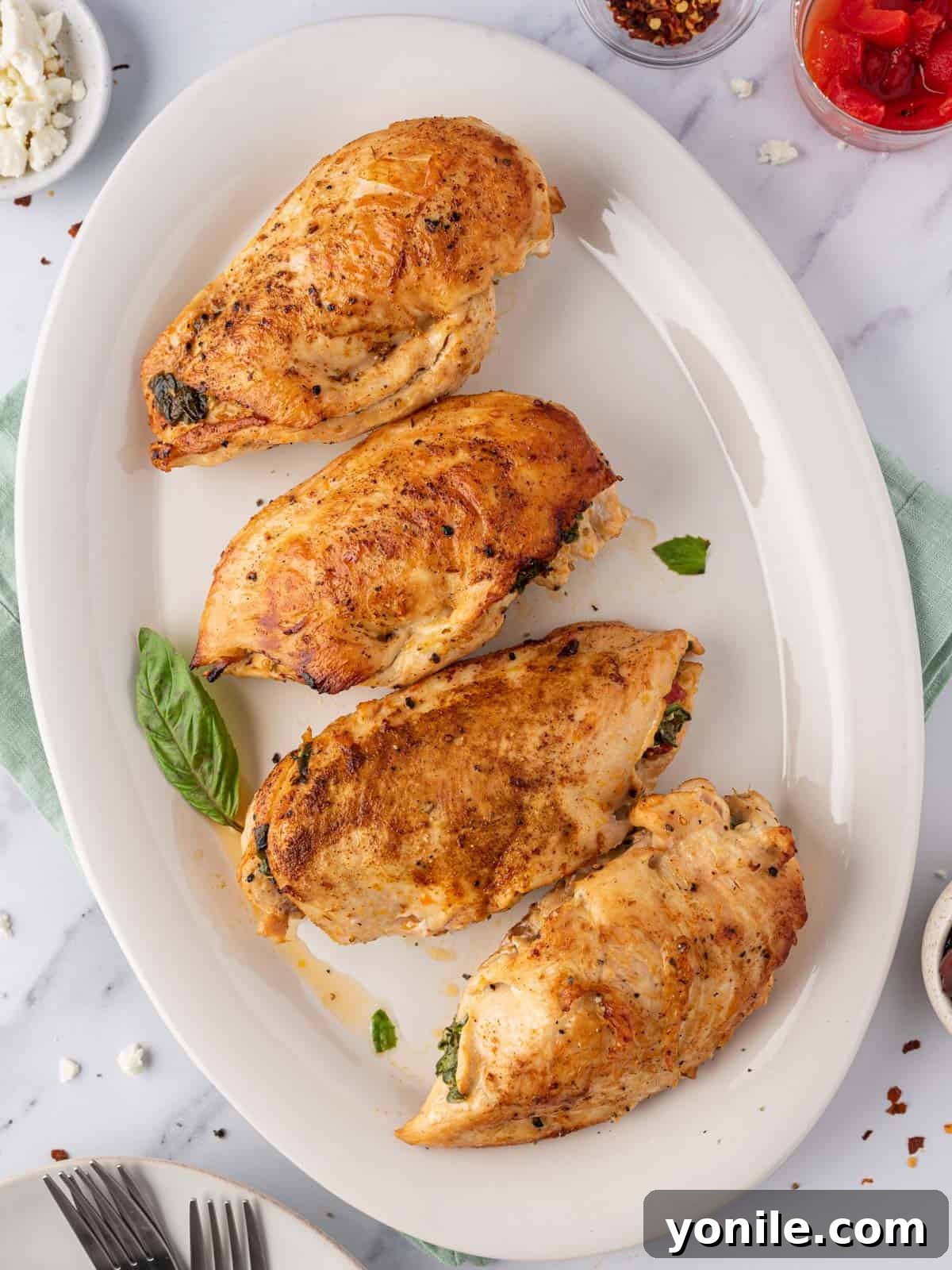 A beautifully arranged platter of golden-brown Mediterranean stuffed chicken, garnished and ready to serve.