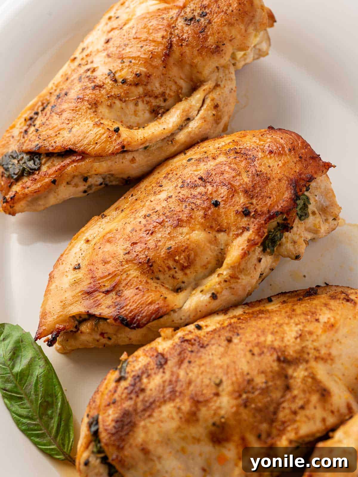 A close-up shot of two Mediterranean stuffed chicken breasts, beautifully seared and cooked, showing the rich filling.