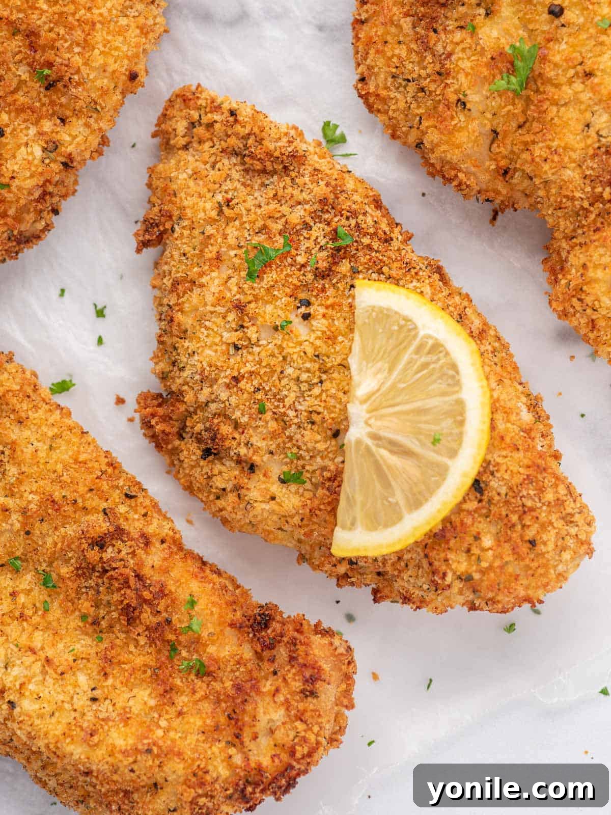Crispy Air Fryer Chicken Cutlets 6 A perfectly cooked air fryer chicken cutlet, golden and crispy, garnished with parsley and lemon slices.