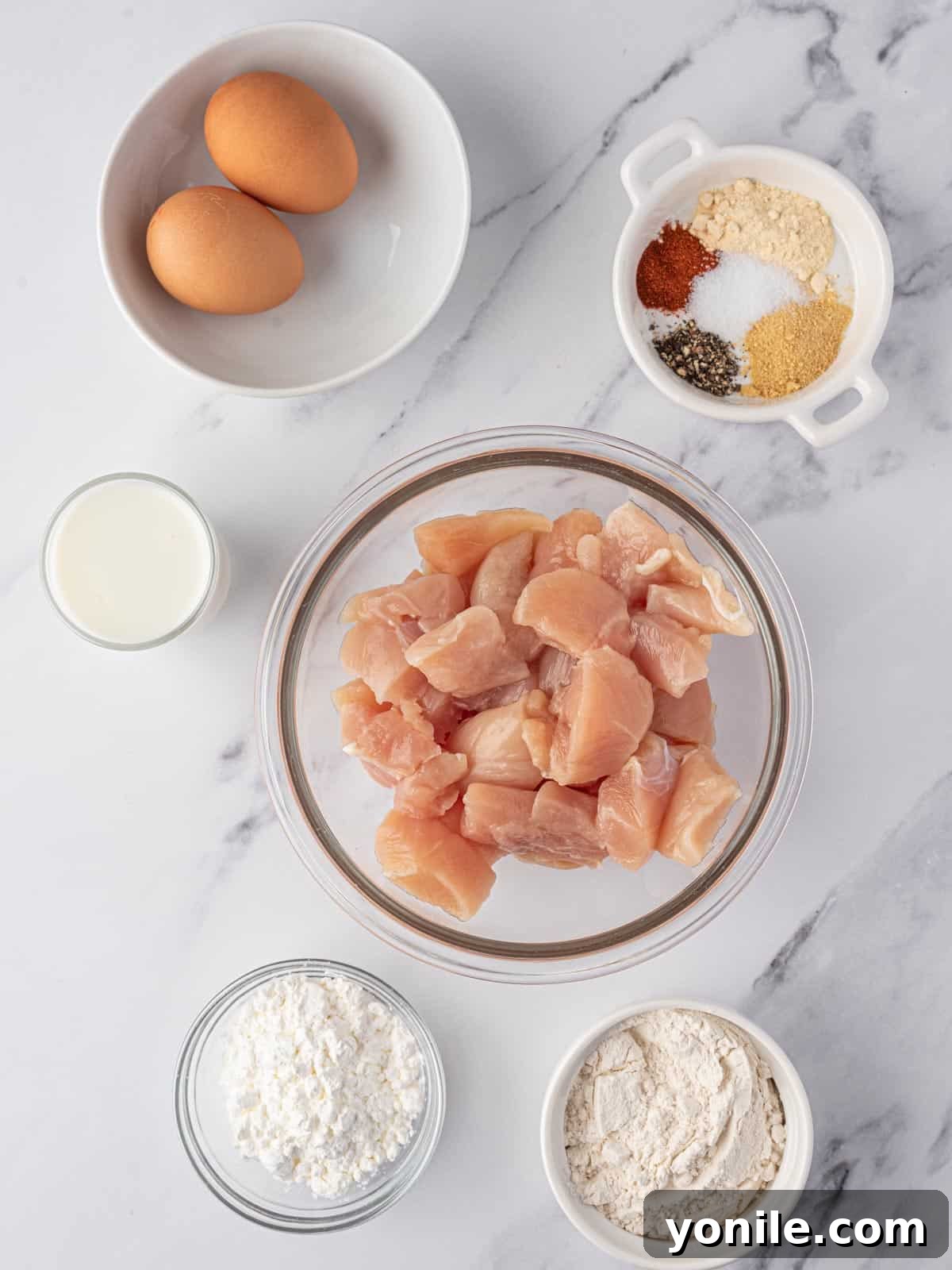 Golden Air Fryer Chicken Bites 3 Ingredients needed for air fryer nuggets.