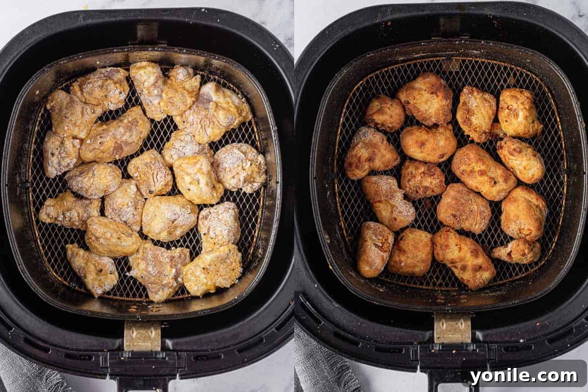 Golden Air Fryer Chicken Bites 7 Before and after of crispy popcorn chicken in air fryer.