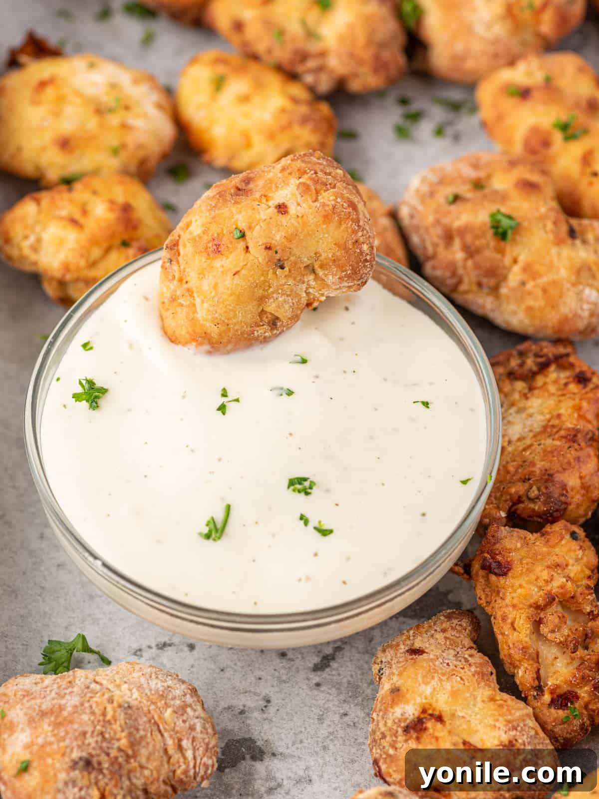Golden Air Fryer Chicken Bites 8 Air fryer chicken nuggets on a tray and one is resting in a bowl of dip.