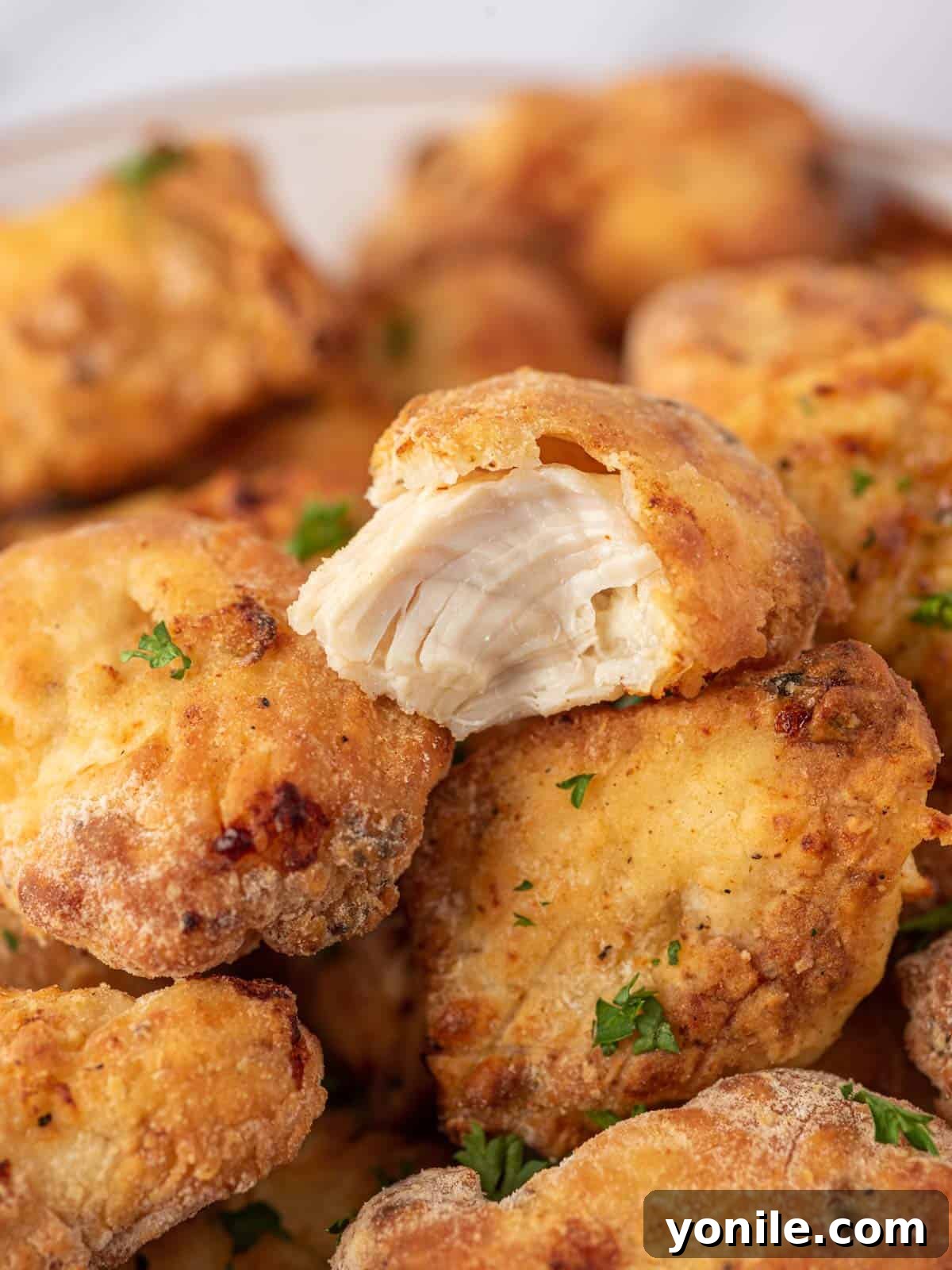 Golden Air Fryer Chicken Bites 9 Close up of air fryer nuggets with a bite taken out of one.
