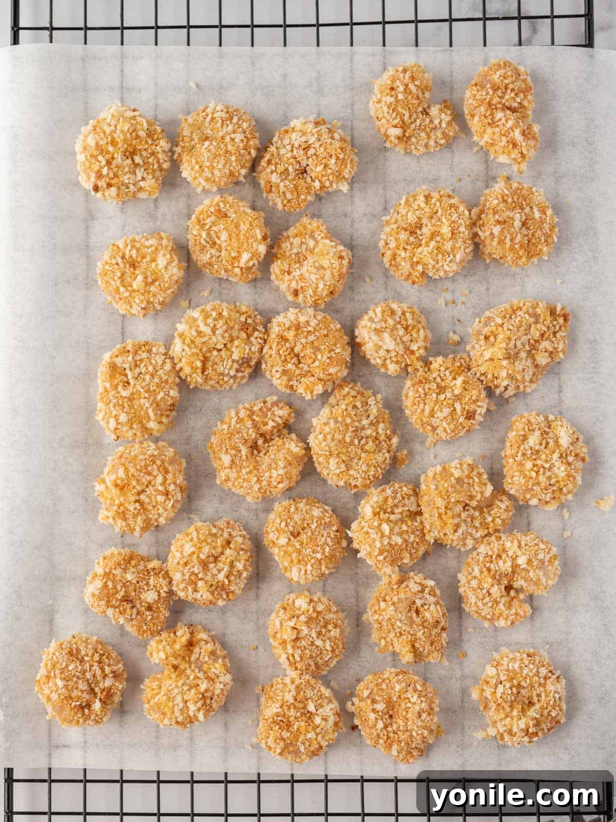 Homemade popcorn shrimp breaded and laying on a baking rack topped with parchment.