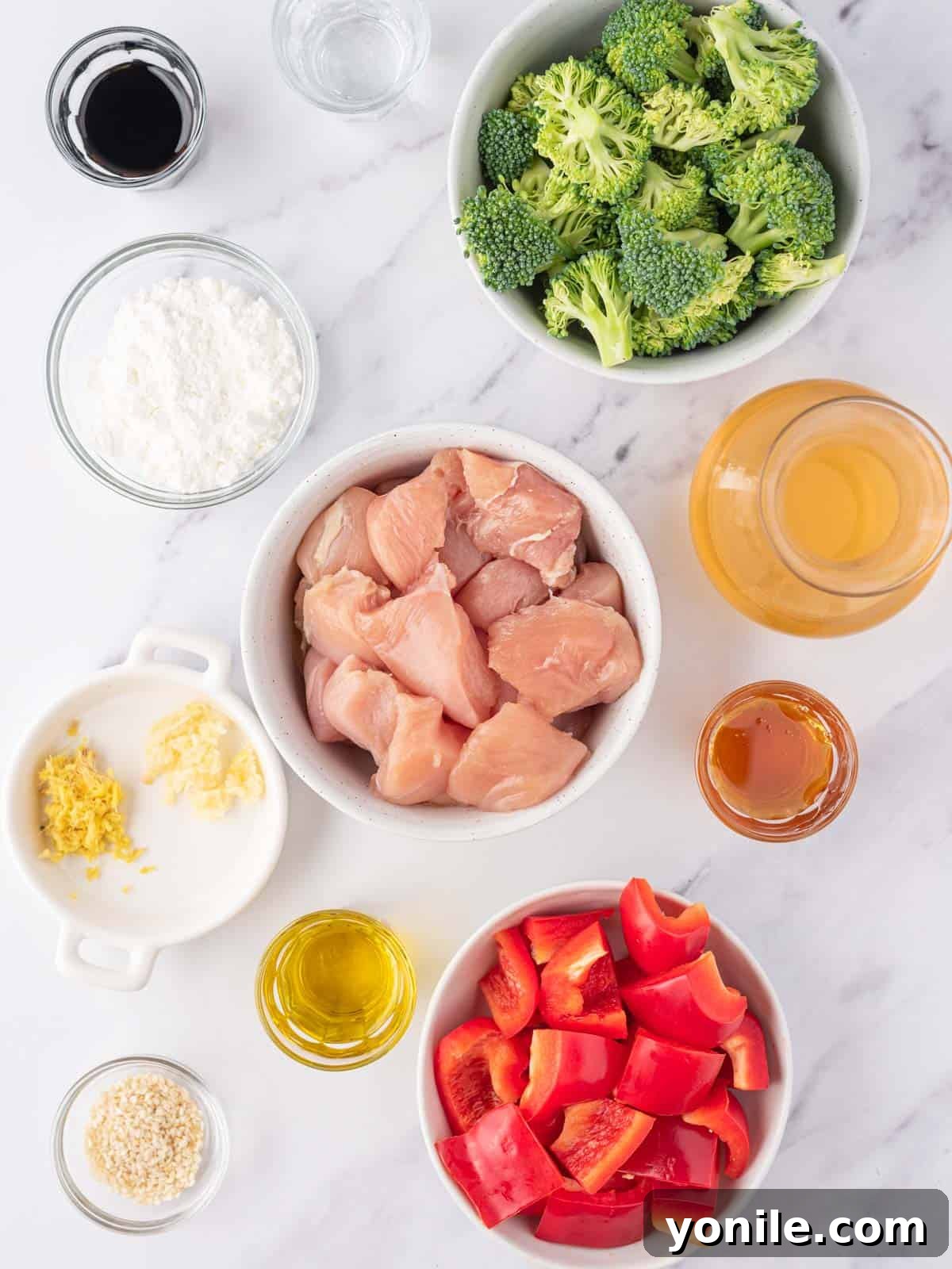 Bowls with ingredients for easy chicken teriyaki stir fry.