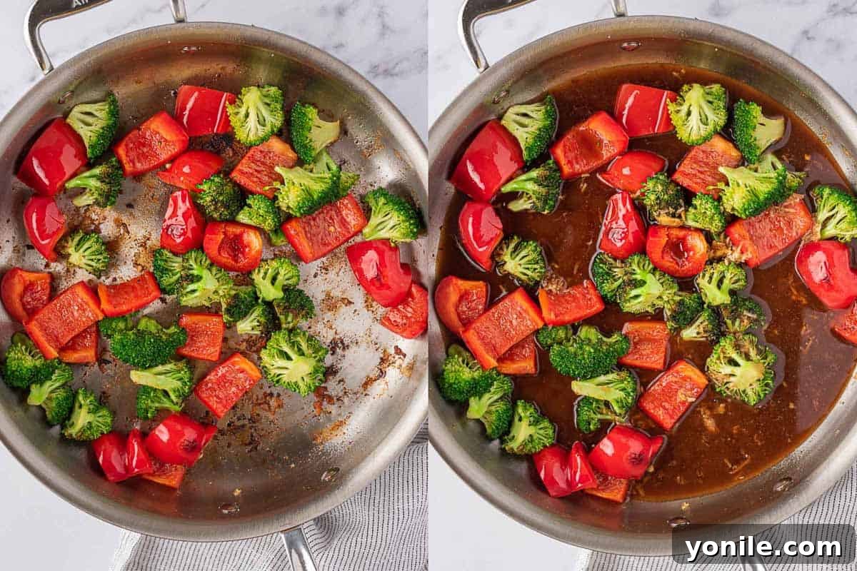 Sir fry vegetables and vegetables with chicken stir fry sauce in a pan.