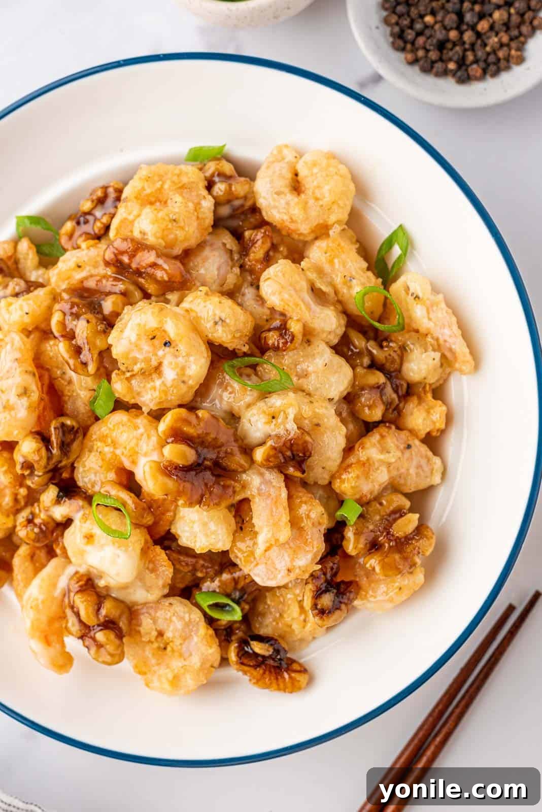 Golden Honey Walnut Shrimp 9 A bowl of honey walnut shrimp.