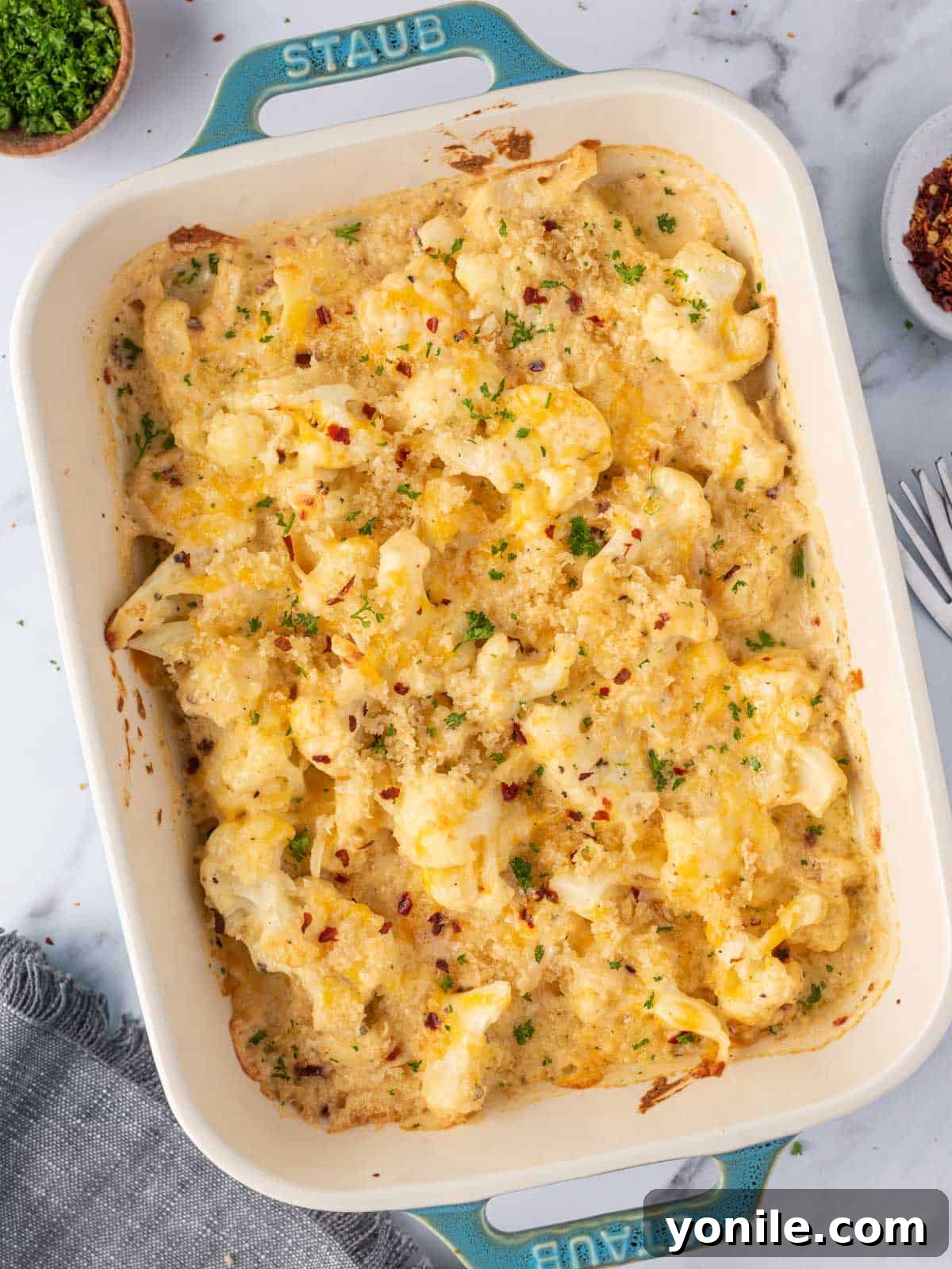 Low carb mac and cheese in a casserole dish.