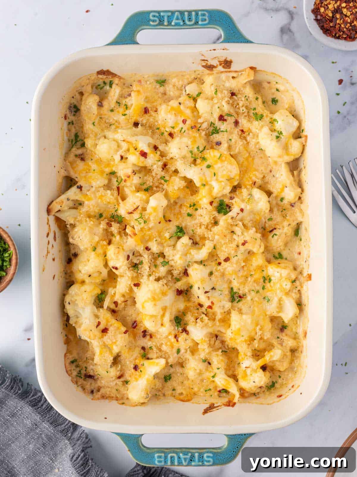 Cauliflower mac and cheese in a casserole dish.