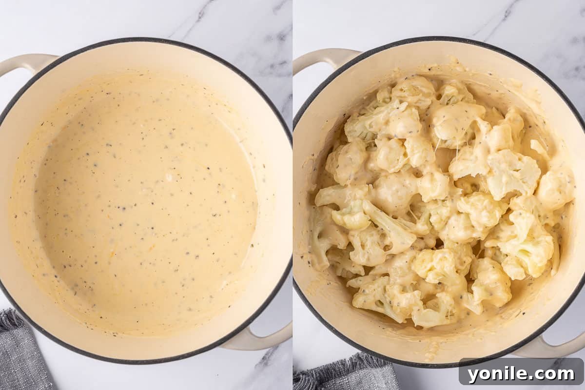 Combining cauliflower and cheese for cauli mac and cheese.