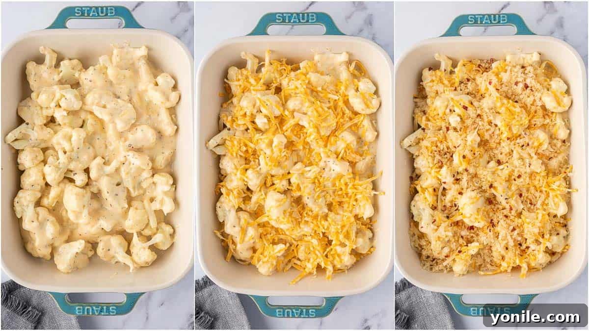 Assembling keto mack and cheese for baking.