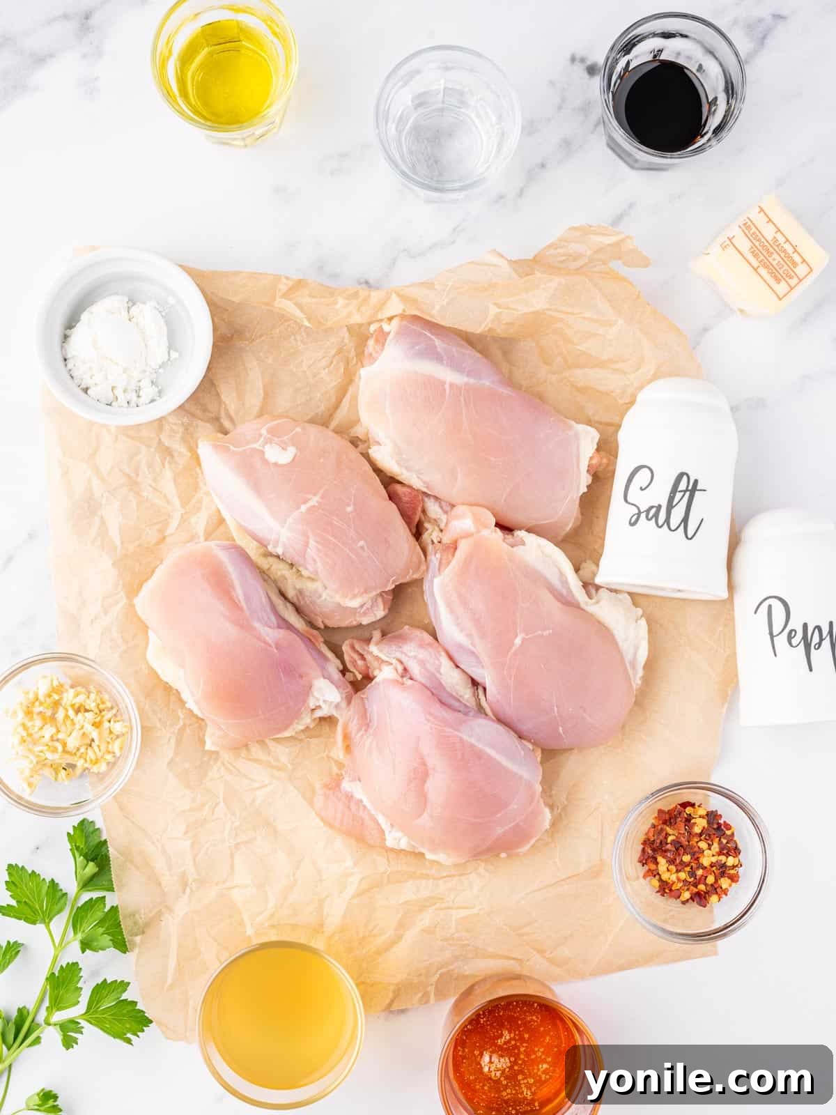 A flat lay photo showing all the fresh ingredients needed for honey garlic chicken, including chicken thighs, garlic, honey, soy sauce, and seasonings.