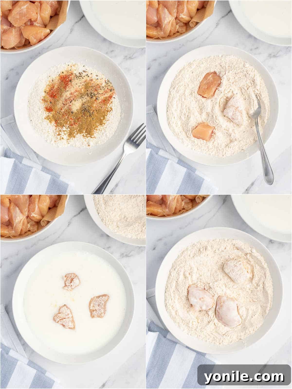 Process of breading chicken pieces in a bowl of seasoned flour.