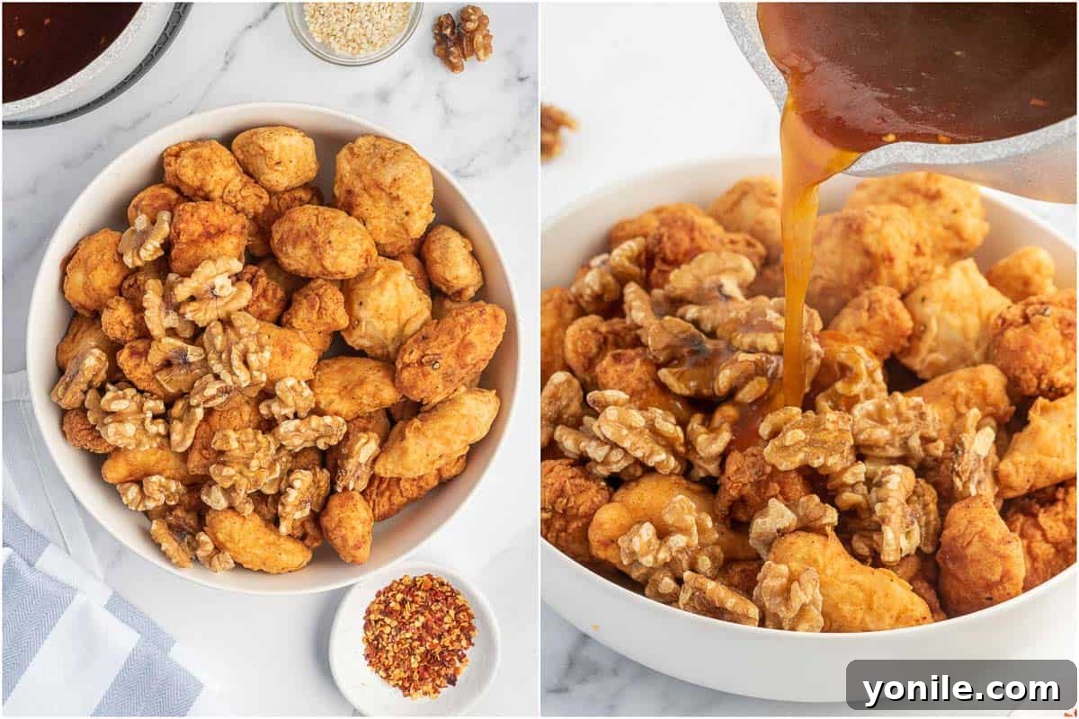 Crispy chicken and toasted walnuts being tossed in the honey sauce.