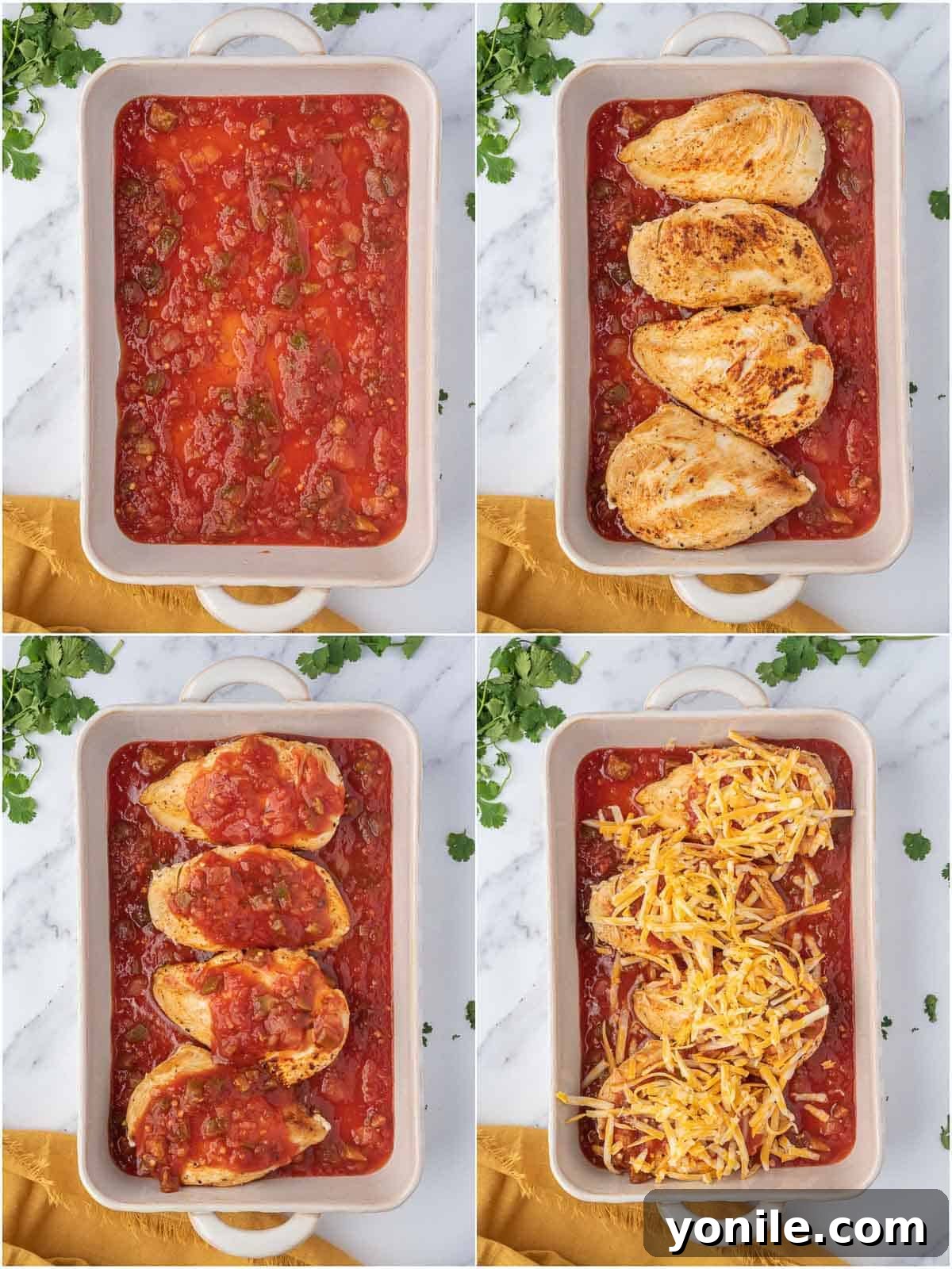 process showing layering of the baked salsa chicken.