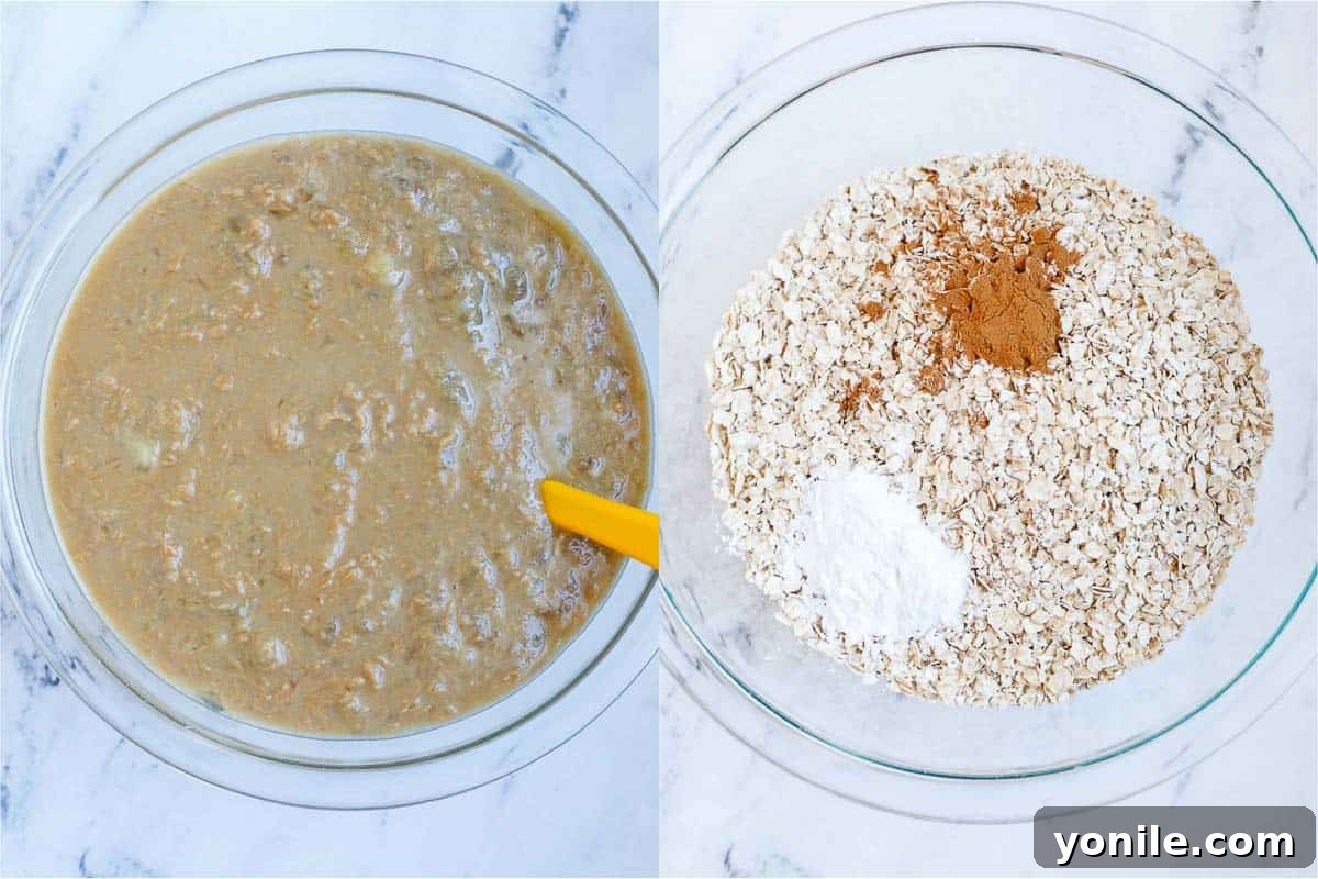 Chocolate Chip Oat Delight 4 A large mixing bowl containing mashed bananas and other wet ingredients, being stirred with a whisk to combine them into a smooth mixture for chocolate chip baked oats.